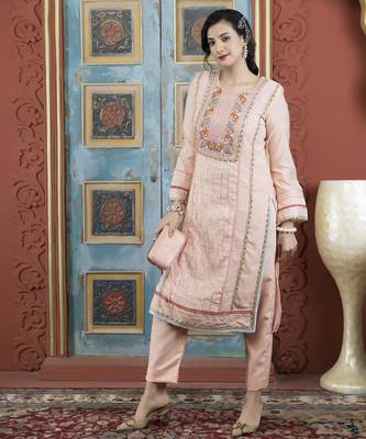 Peach embroidered silk straight cut kurta 2