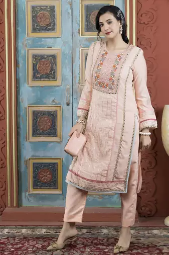 Peach embroidered silk straight cut kurta