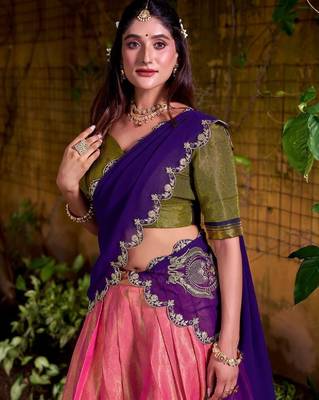 Pink art Silk half saree with Purple Dupatta  4