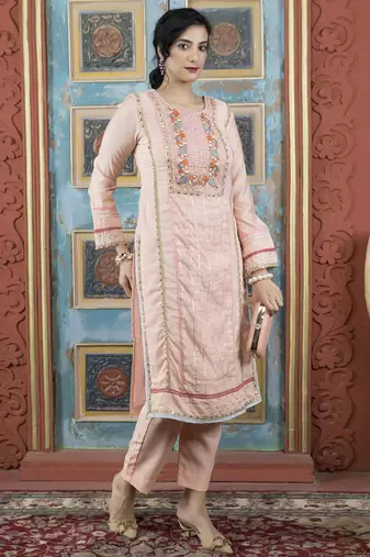 Peach embroidered silk straight cut kurta
