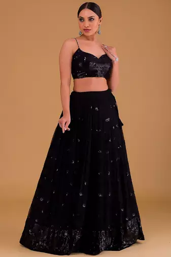black Georgette Sequin Embroidered Lehenga Set