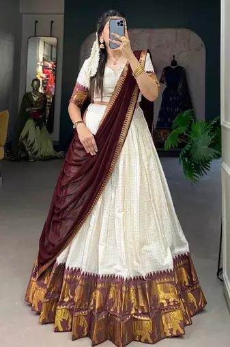 off white half saree with maroon dupatta