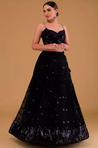 black Georgette Sequin Embroidered Lehenga Set