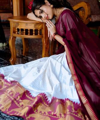 off white half saree with maroon dupatta 2