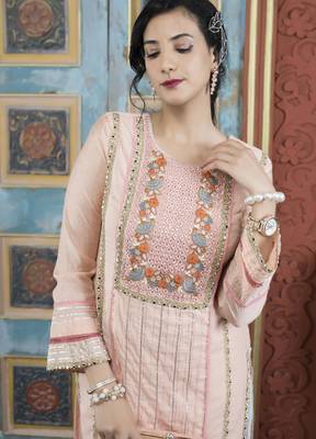 Peach embroidered silk straight cut kurta 5