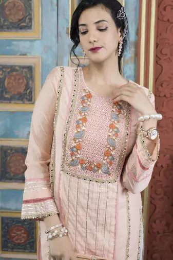 Peach embroidered silk straight cut kurta
