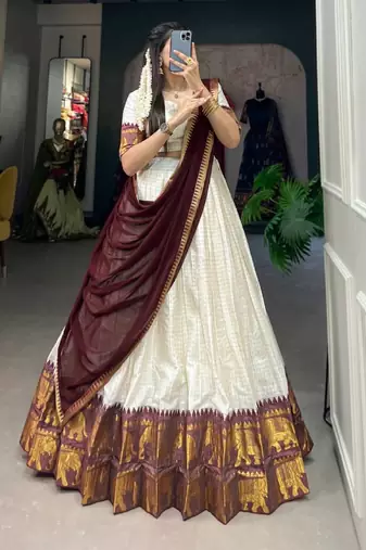 off white half saree with maroon dupatta