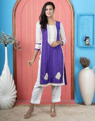 Purple embroidered silk straight cut kurta 1