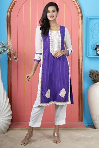 Purple embroidered silk straight cut kurta