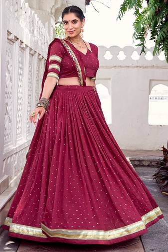 Maroon Color Zari Weaving Work With Embossed Design Chanderi Lehenga Choli