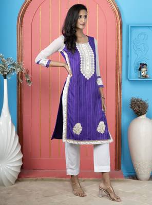 Purple embroidered silk straight cut kurta 2