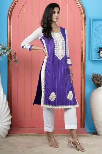 Purple embroidered silk straight cut kurta