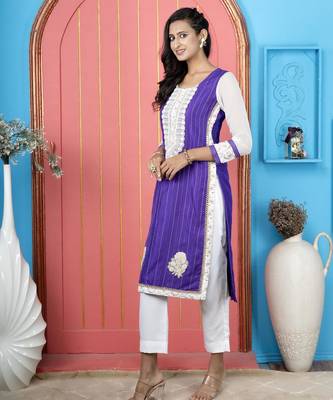 Purple embroidered silk straight cut kurta 3