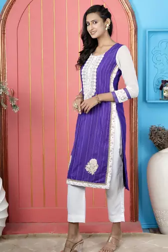 Purple embroidered silk straight cut kurta