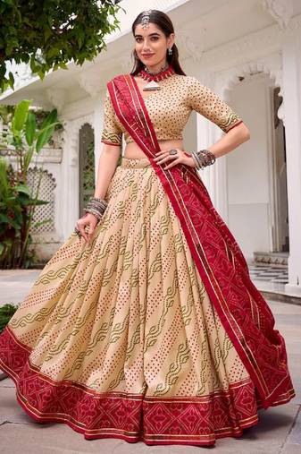 Off White Color Bandhej Print With Gotta Patti Lace Rayon Lehenga Choli