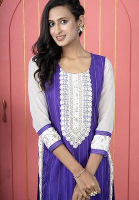 Purple embroidered silk straight cut kurta 5