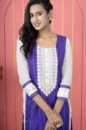 Purple embroidered silk straight cut kurta