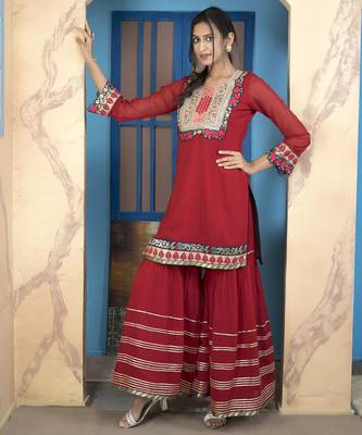 Maroon embroidered georgette straight cut kurta 1