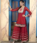 Maroon embroidered georgette straight cut kurta