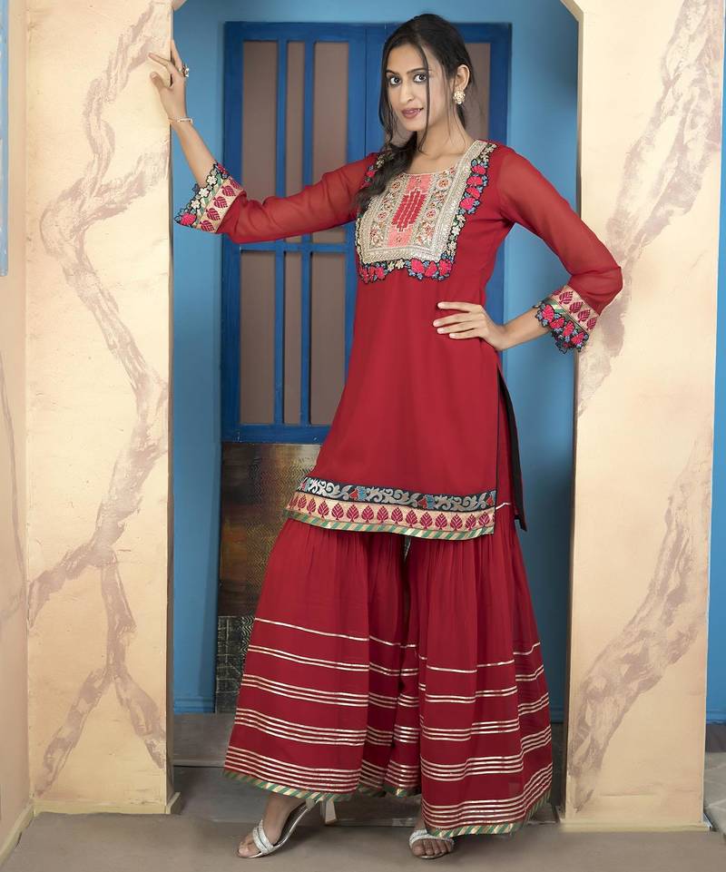 Maroon embroidered georgette straight cut kurta