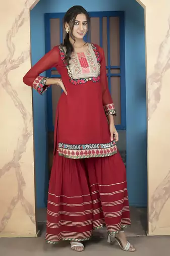 Maroon embroidered georgette straight cut kurta