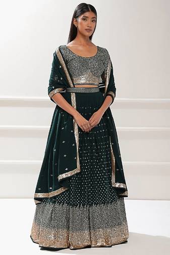 Deep Green Georgette Sequin Embroidered Lehenga Set