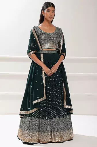 Deep Green Sequin Embroidered Lehenga Set