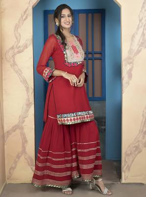Maroon embroidered georgette straight cut kurta 3