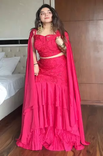French Crape Ruffled Lehenga Set with Cape Dupatta