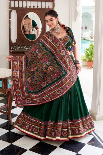 Green Color Gamthi Print And Embossed Design Rayon Lehenga Choli
