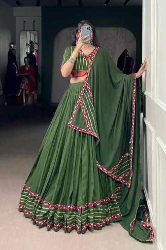 Olive Green Rayon Mirror Work Lehenga Set