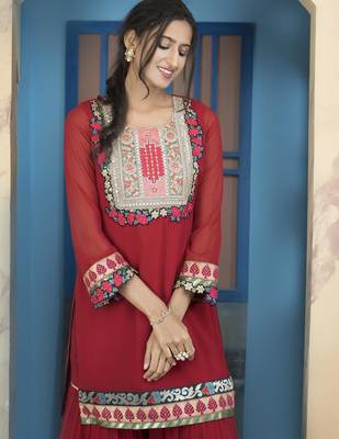 Maroon embroidered georgette straight cut kurta 5