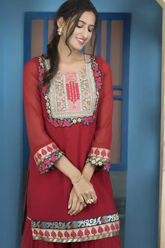 Maroon embroidered georgette straight cut kurta