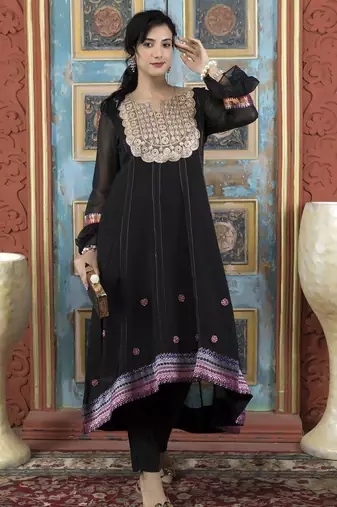 Black embroidered georgette asymmetrical kurta