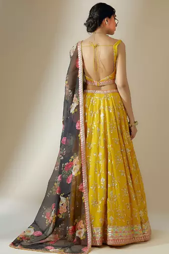 Yellow zari Embroidered Lehenga Set
