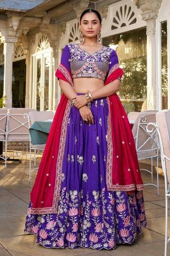 Purple Vichitra Silk Lehenga Choli with Sequins & Thread Embroidery