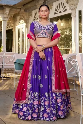 Purple Vichitra Silk Lehenga Choli with Sequins & Thread Embroidery