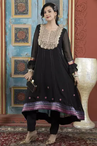 Black embroidered georgette asymmetrical kurta