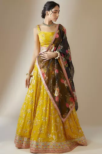 Yellow zari Embroidered Lehenga Set