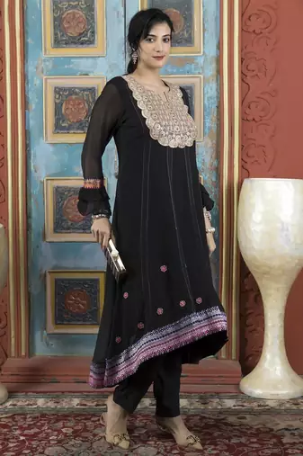Black embroidered georgette asymmetrical kurta