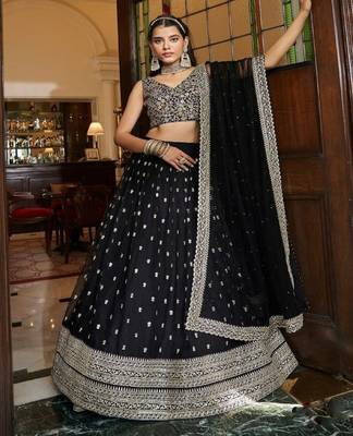 black Net Sequin Embroidery Lehenga Set  1