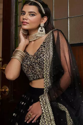 black Net Sequin Embroidery Lehenga Set 