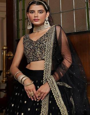 black Net Sequin Embroidery Lehenga Set  3