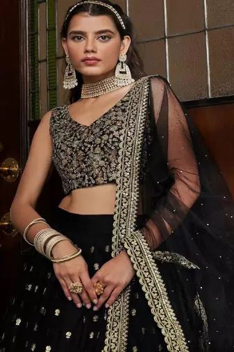 black Net Sequin Embroidery Lehenga Set 