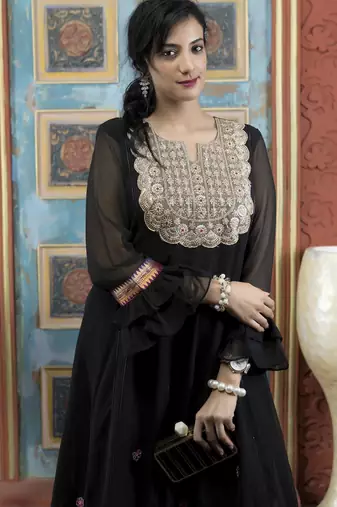 Black embroidered georgette asymmetrical kurta