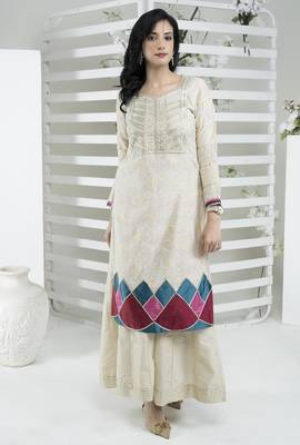 Beige embroidered silk straight cut kurta 1