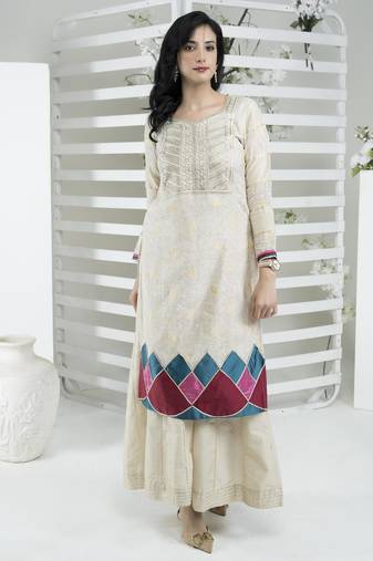 Beige embroidered silk straight cut kurta