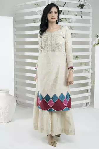Beige embroidered silk straight cut kurta