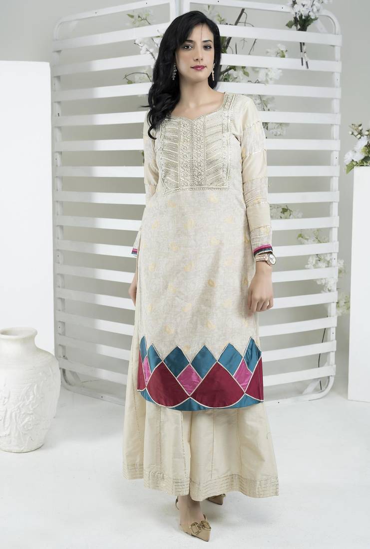 Beige embroidered silk straight cut kurta