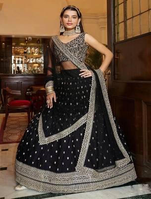 black Net Sequin Embroidery Lehenga Set  4